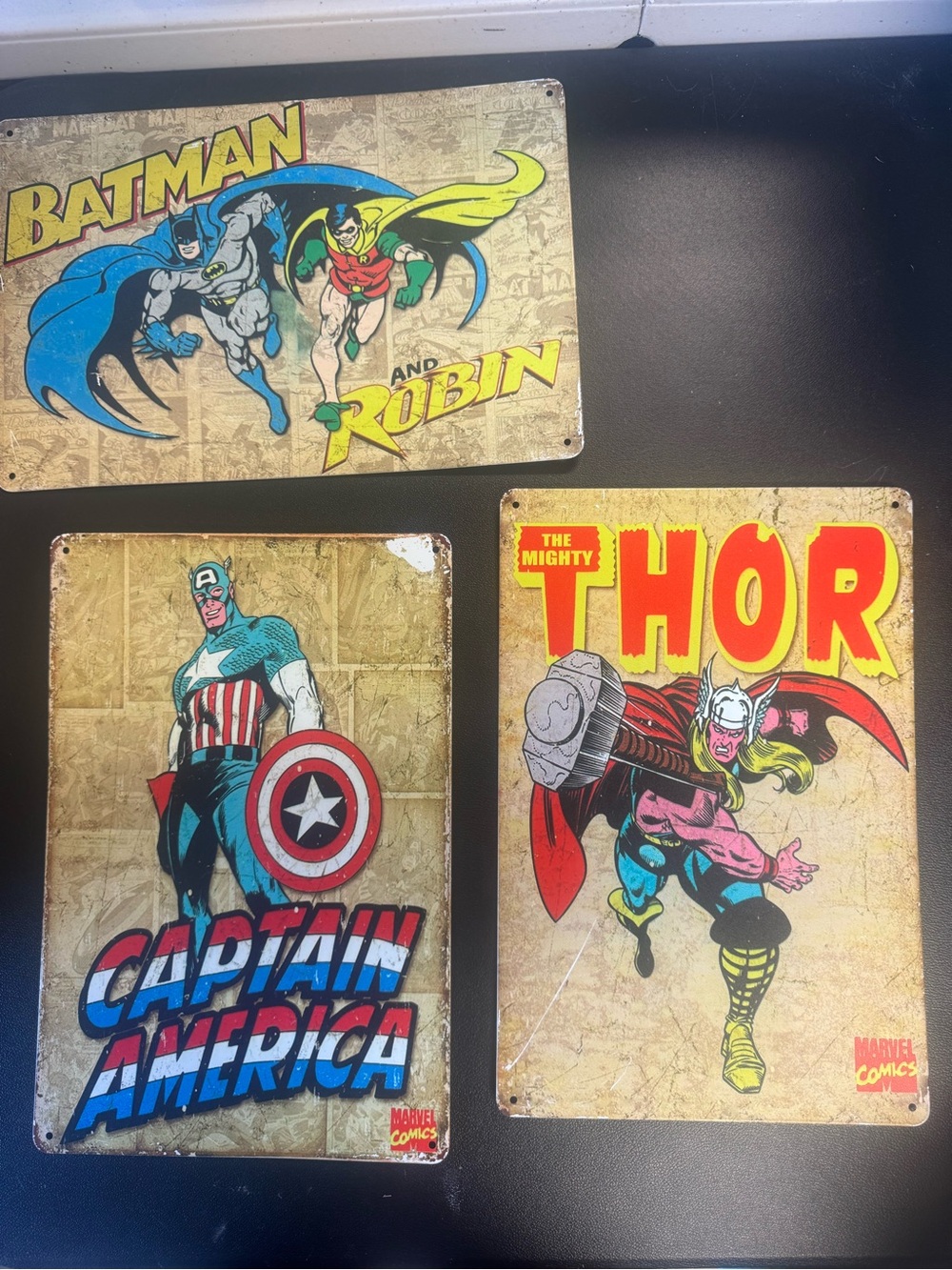 Vintage Comic Metal Signs - Batman & Robin, Captain America, Thor - Multi